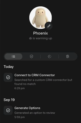 The assistant panel, Activity tab, listing recent actions