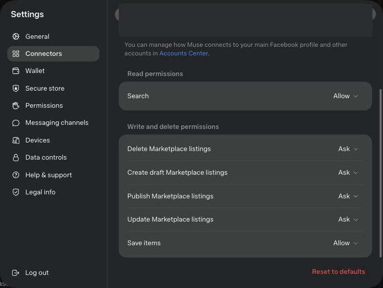 Facebook connector: Read permissions and Write and delete permissions, each set to Allow or Ask