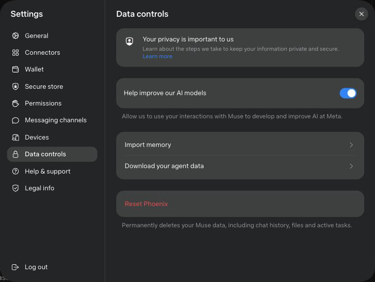 Settings, Data controls: training toggle, Import memory, Download your agent data, Reset
