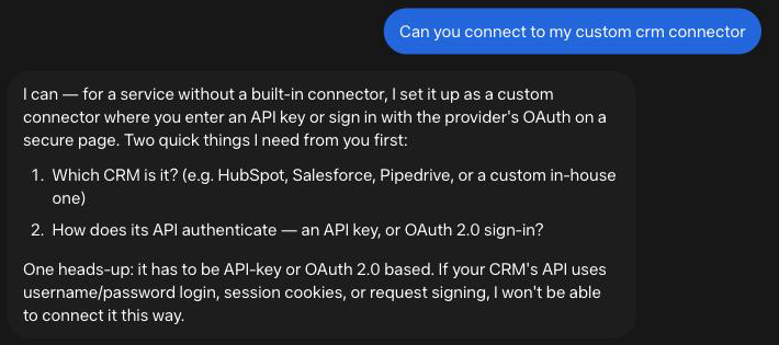 Muse explaining that custom connectors use an API key or OAuth sign-in on a secure page