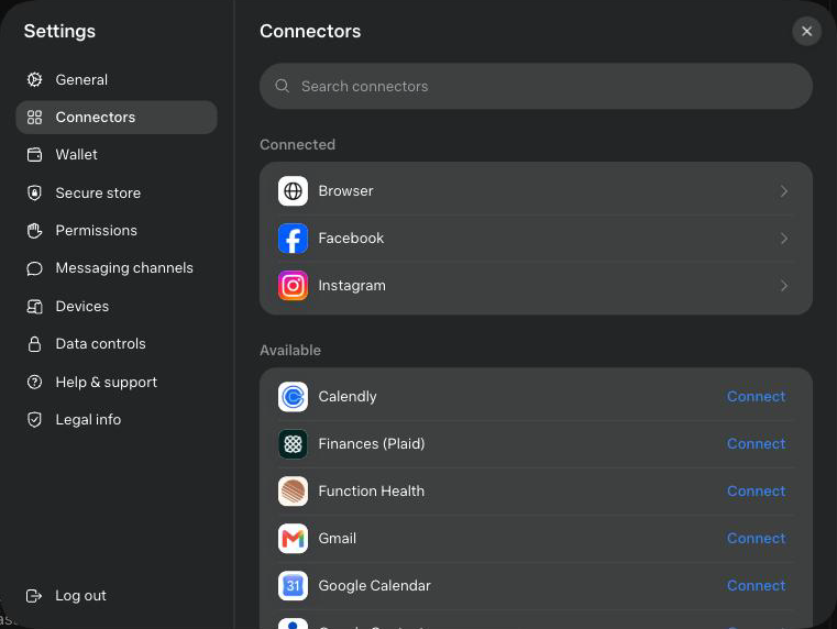 Settings, Connectors: Connected and Available lists