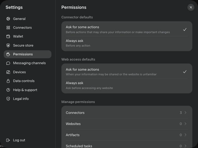 Settings, Permissions: Connector defaults and Web access defaults